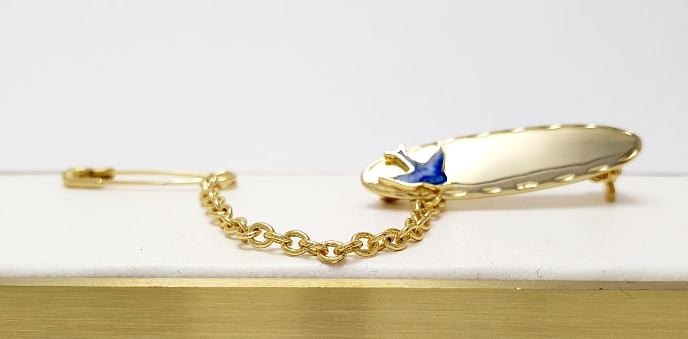9Ct Yellow Gold Baby Brooch With Blue Bird