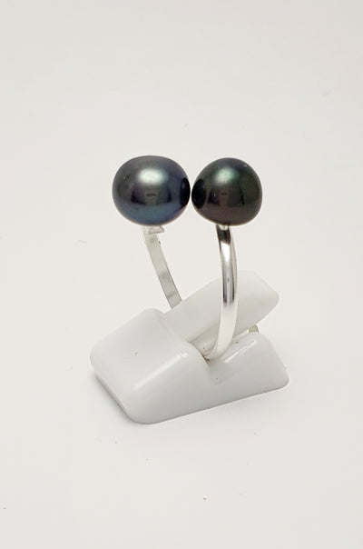 Sterling Silver Ring with 2 Dyed Freshwater Pearls. Open Style Adjustable Size M - P