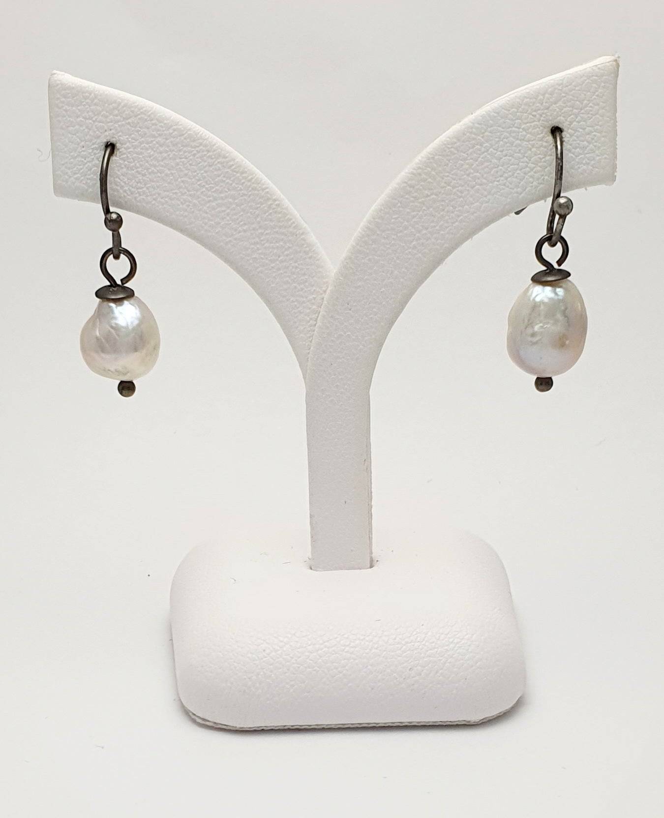 Oxidised Sterling Silver Baroque Pearl Drop Earrings on Hooks