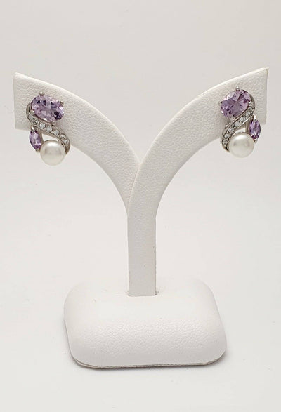 Sterling Silver Freshwater Pearl, Amethyst, and Cubic Zirconia Lever Back Earrings