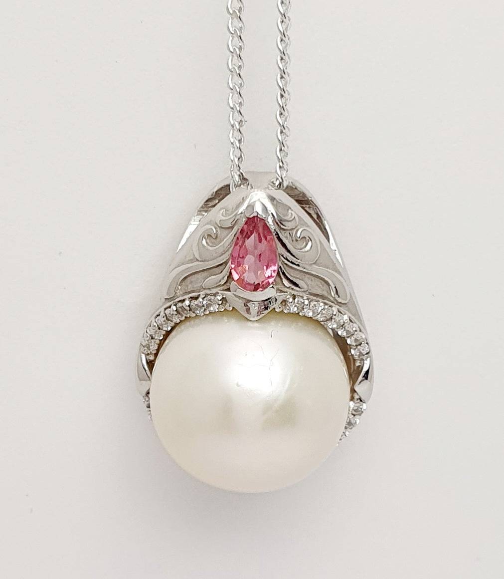 Handmade Sterling Silver, Off White12mm Pearl, Pink Tourmaline & CZ Pendant