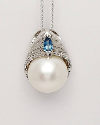 Handmade Silver Off White 12mm Pearl & London Blue Topaz & CZ Enhancer