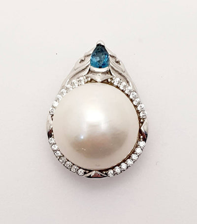 Handmade Silver Off White 12mm Pearl & London Blue Topaz & CZ Enhancer