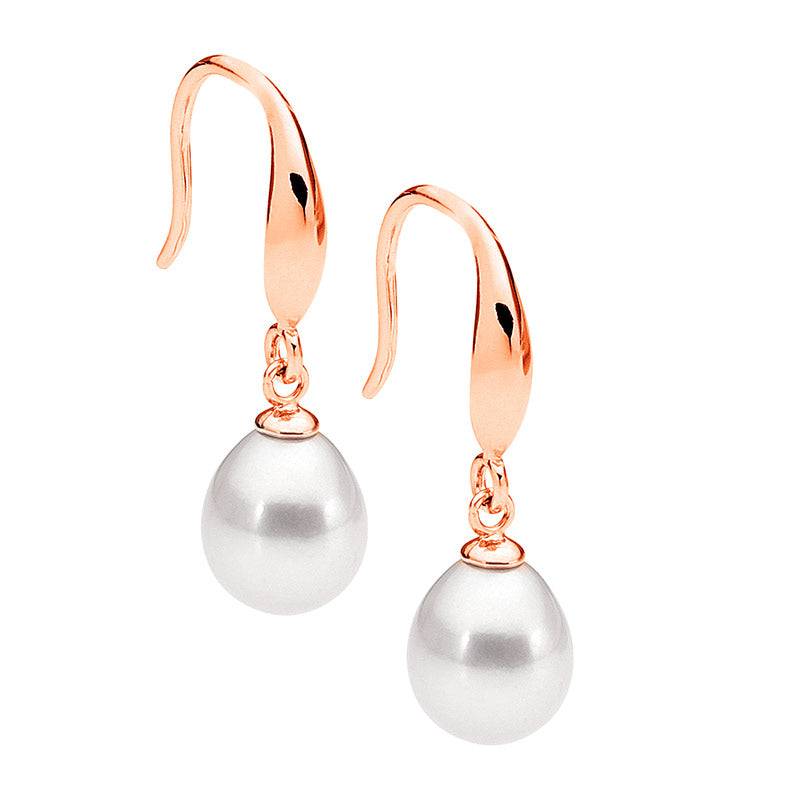 Sterling Silver Rose Gold Plated & Feshwater Pearl Drop Shepherd Hook Earrings