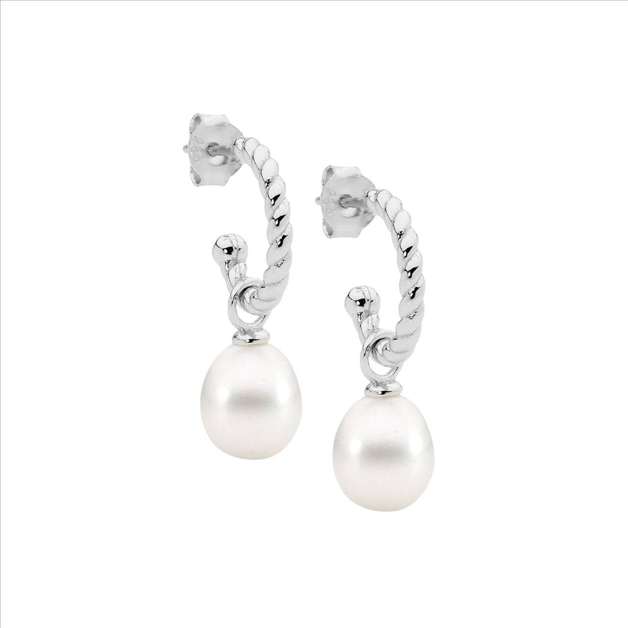 Sterling Silver Rhodium Plated 1/2 Hoop Stud Back With Freshwater Pearl Drop Earrings