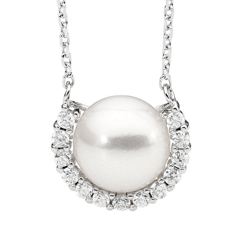 Sterling Silver Rhoium Plated 1/2 Roound White Cz & Freshwater Pearl Pendant With Chain