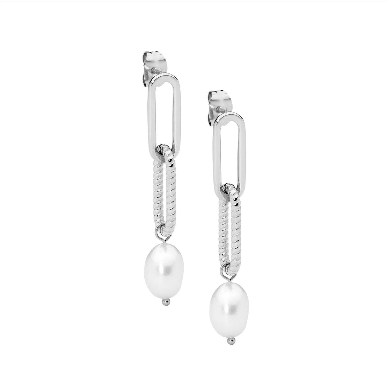 Stainless Steel Paperclip drop Earrings with Freshwater Pearls