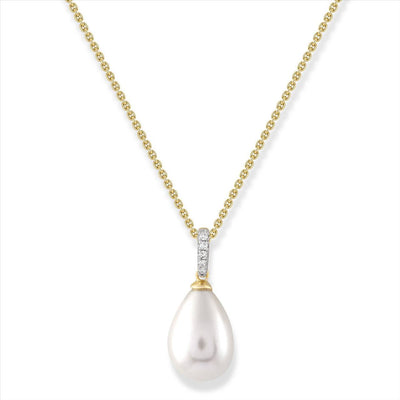 9ct Yellow Gold and Diamond, White Freshwater Pearl Penant and Chain 45cm+5cm