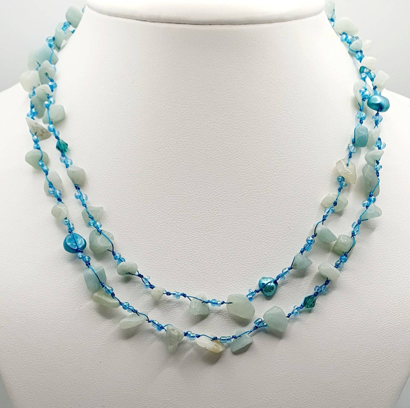 Japanese Silk Cord Necklace With Dyed Freshwater Pearls & Amazonite 150cm