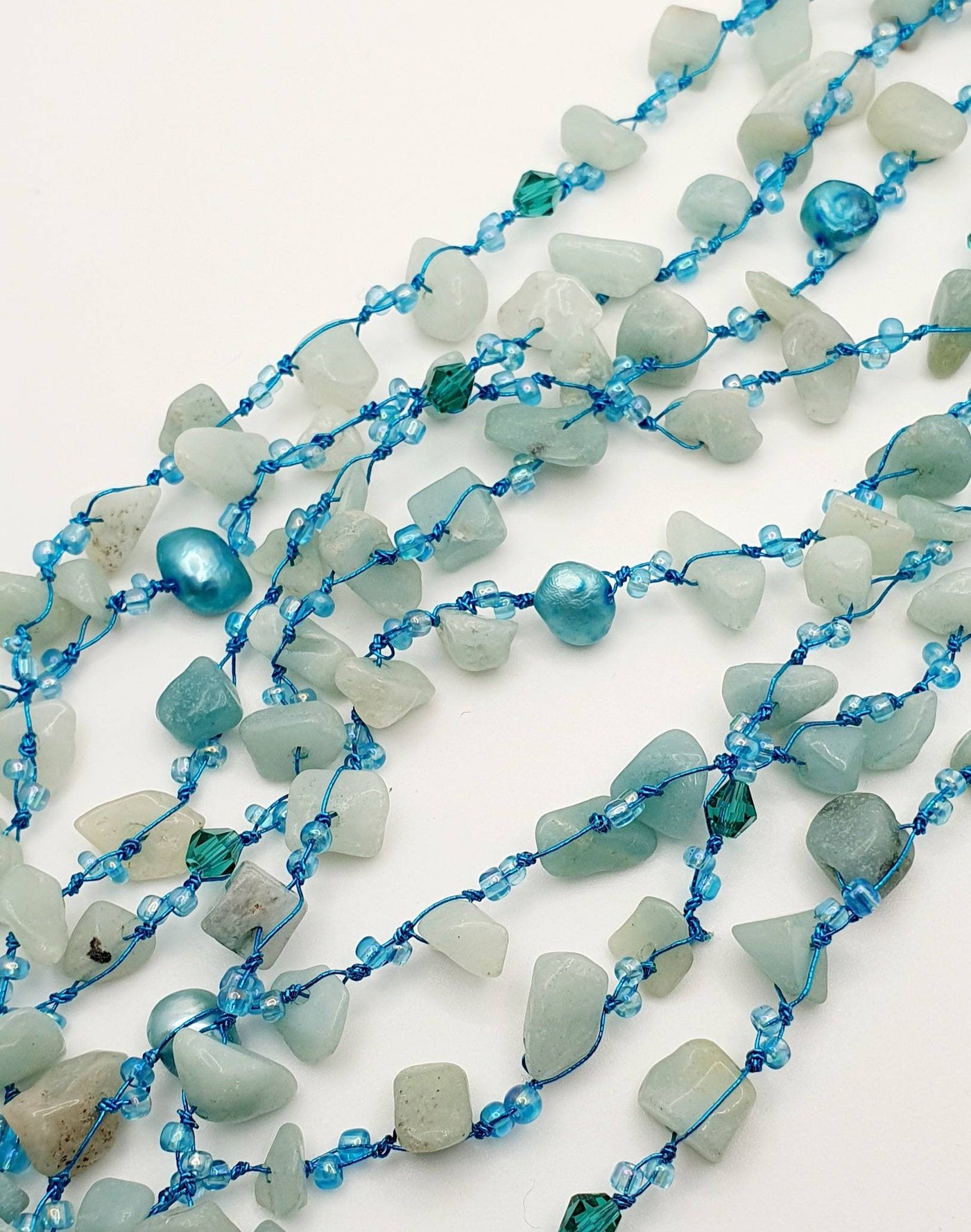 Japanese Silk Cord Necklace With Dyed Freshwater Pearls & Amazonite 150cm