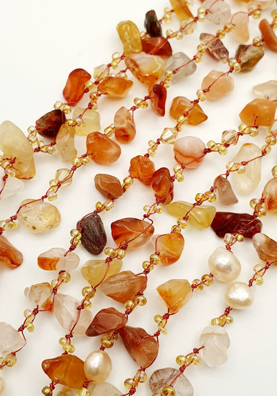 Japanese Silk Cord Necklace With Freshwater Pearl & Carnelian 150cm