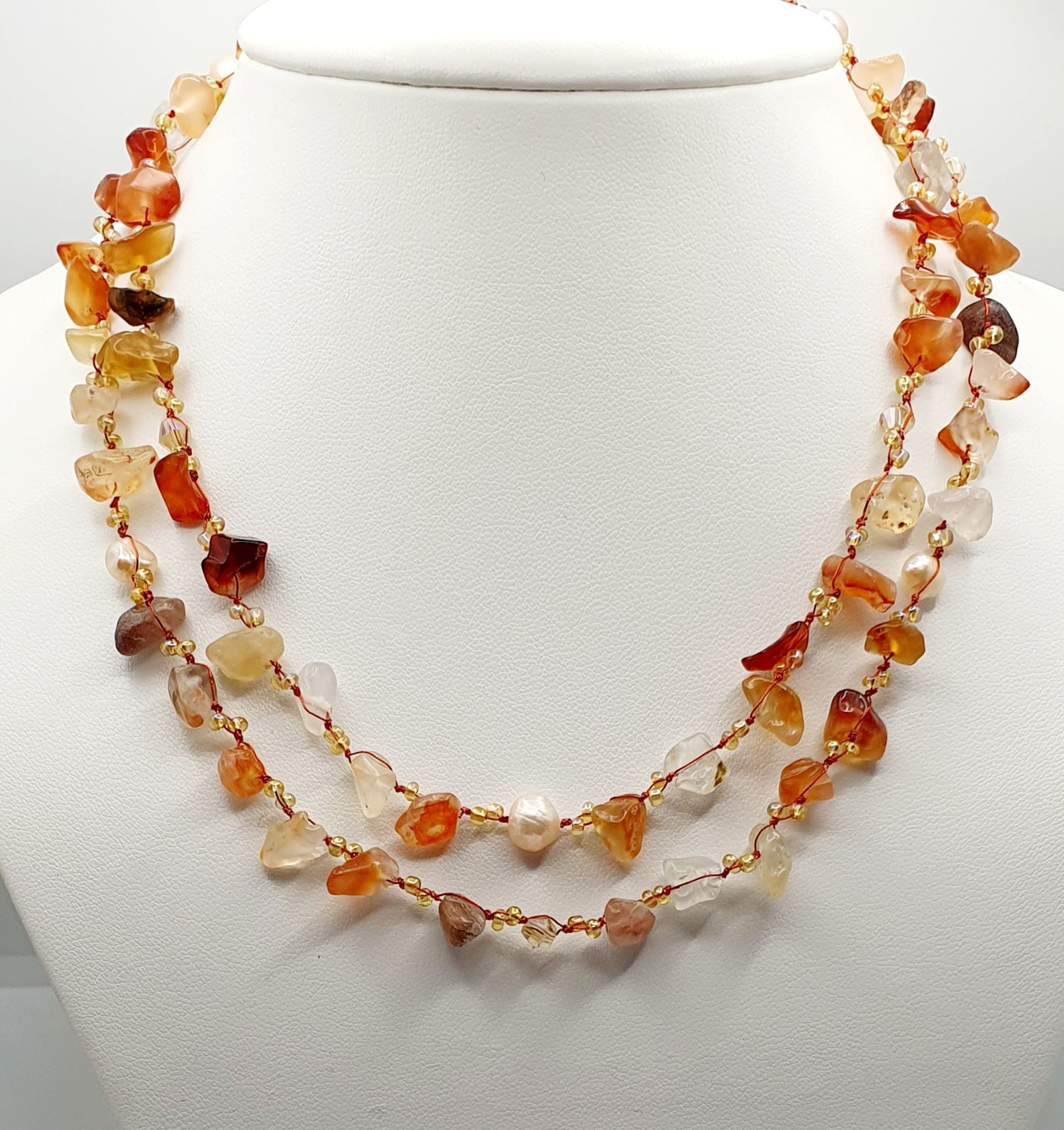 Japanese Silk Cord Necklace With Freshwater Pearl & Carnelian 150cm