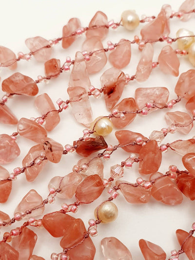 Japanese Silk Cord Necklace With Freshwater Pearl & Cherry Quartz 150cm