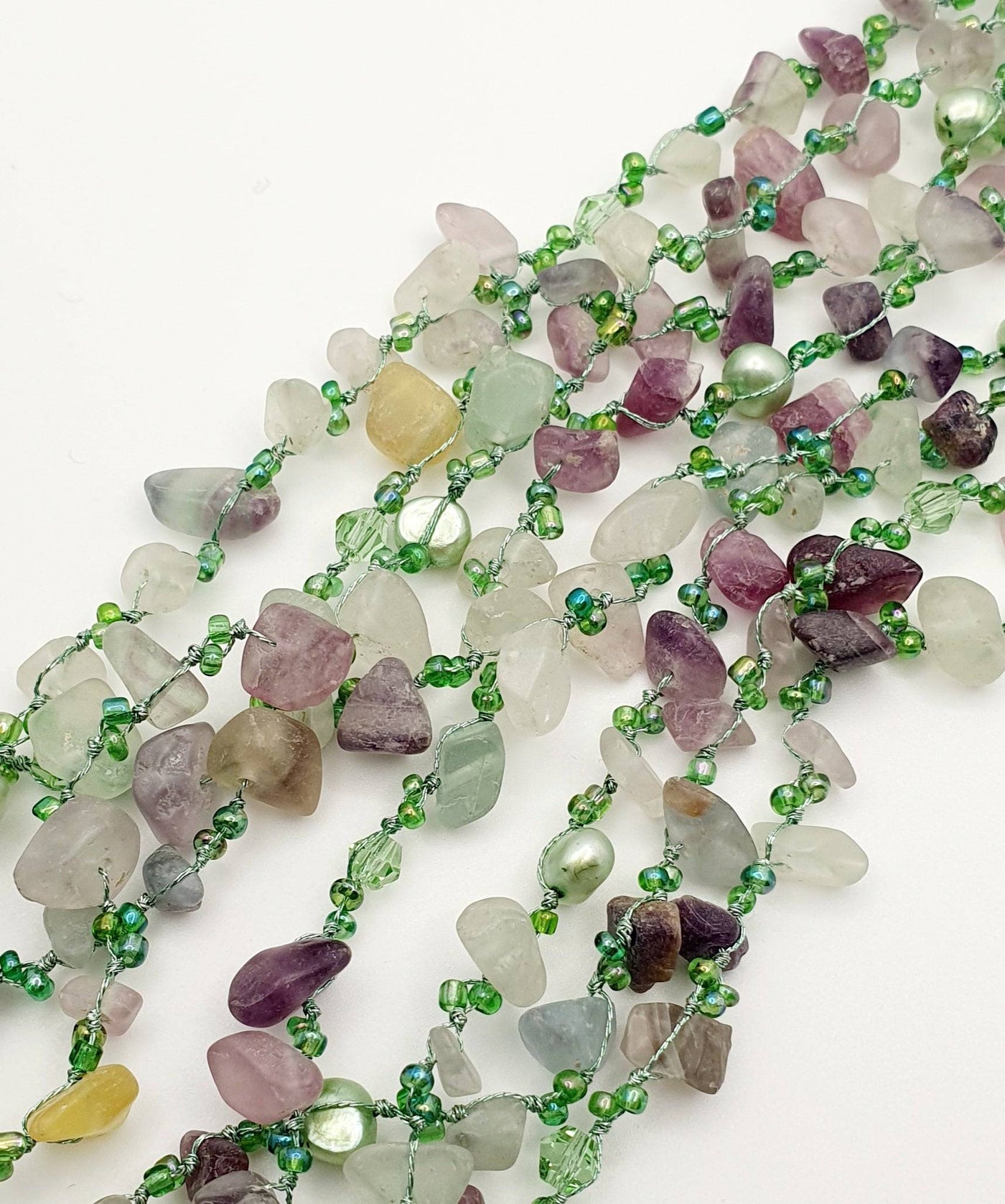 Japanese Silk Cord Necklace With Dyed Freshwater Pearl & Fluorite 155cm