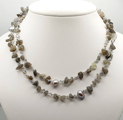 Japanese Silk Cord Necklace, With Dyed Freshwater Pearls & Labradorite 150cm