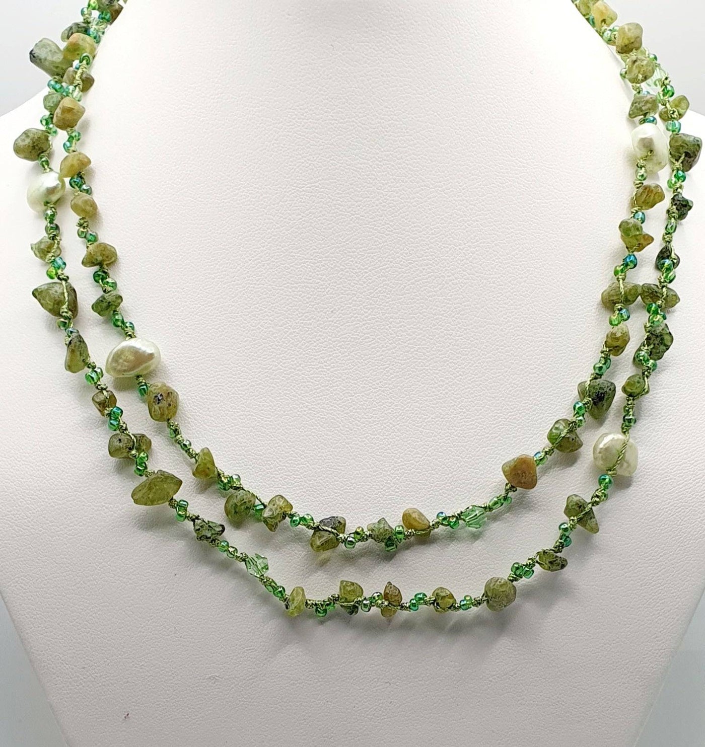 Japanese Silk Cord Necklace With Freshwater Pearls & Peridot155cm