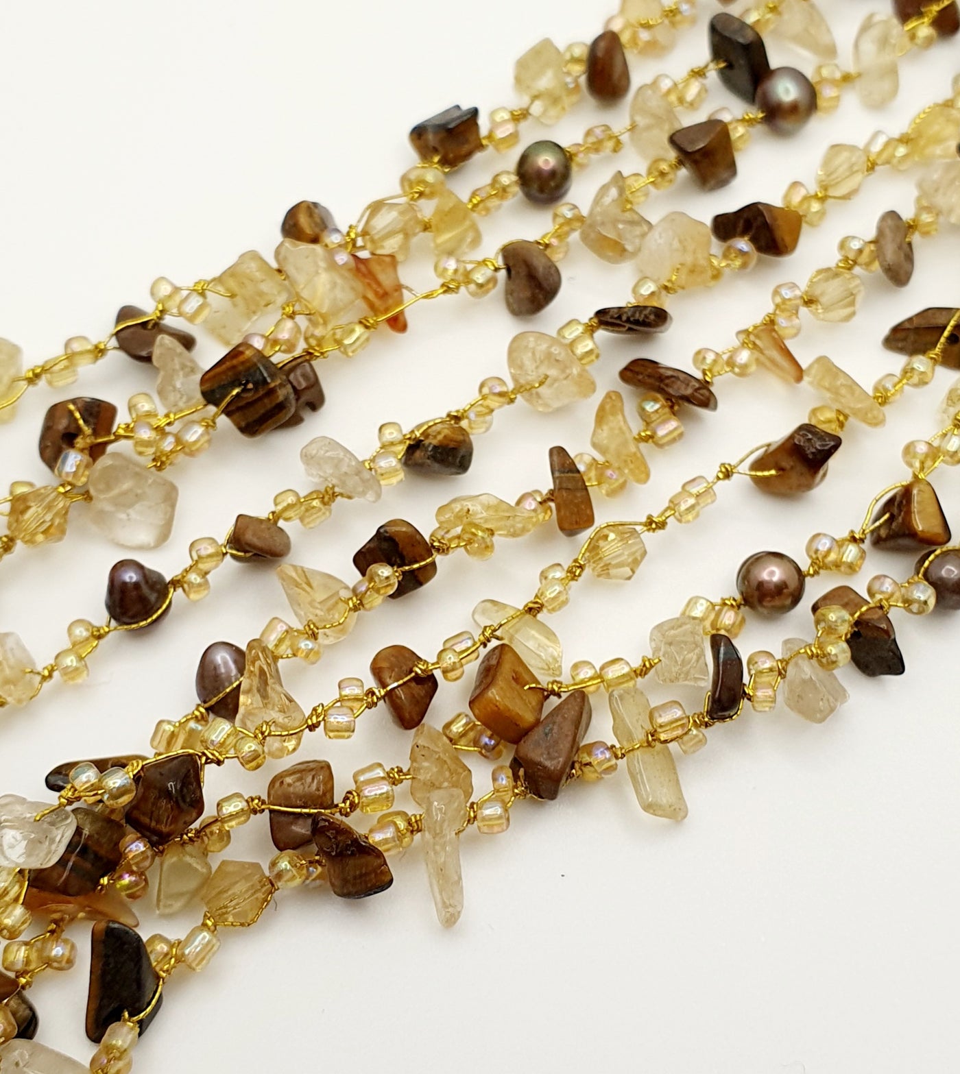 Japanese Silk Cord Necklace With Dyed Freshwater Pearl, Tigers Eye & Citrine 160cm