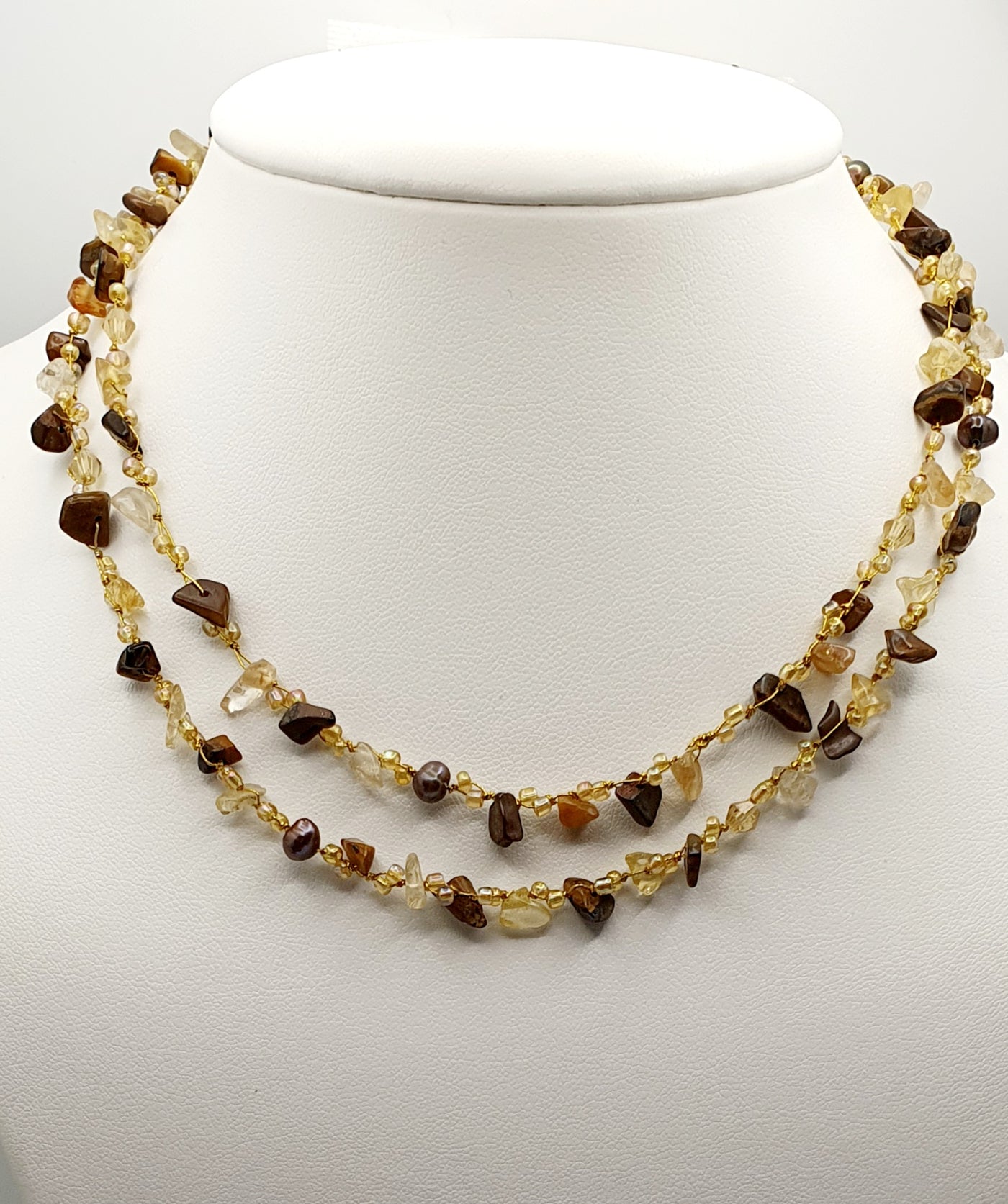 Japanese Silk Cord Necklace With Dyed Freshwater Pearl, Tigers Eye & Citrine 160cm