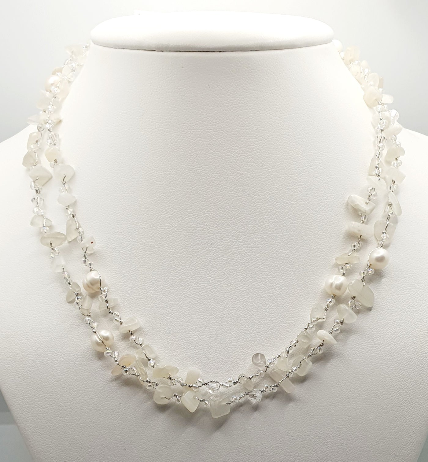 Japanese Silk Cord Necklace With Freshwater Pearl & White Quartz 155cm