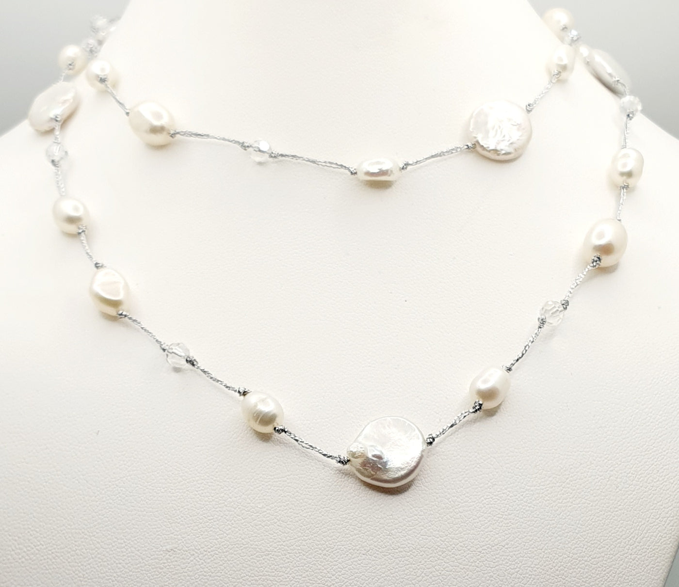 Zinc and Metallic Yarn Necklace with Crystals & Freshwater Pearls, 82.5-90cm