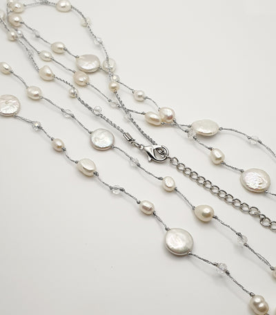 Zinc and Metallic Yarn Necklace with Crystals & Freshwater Pearls, 82.5-90cm