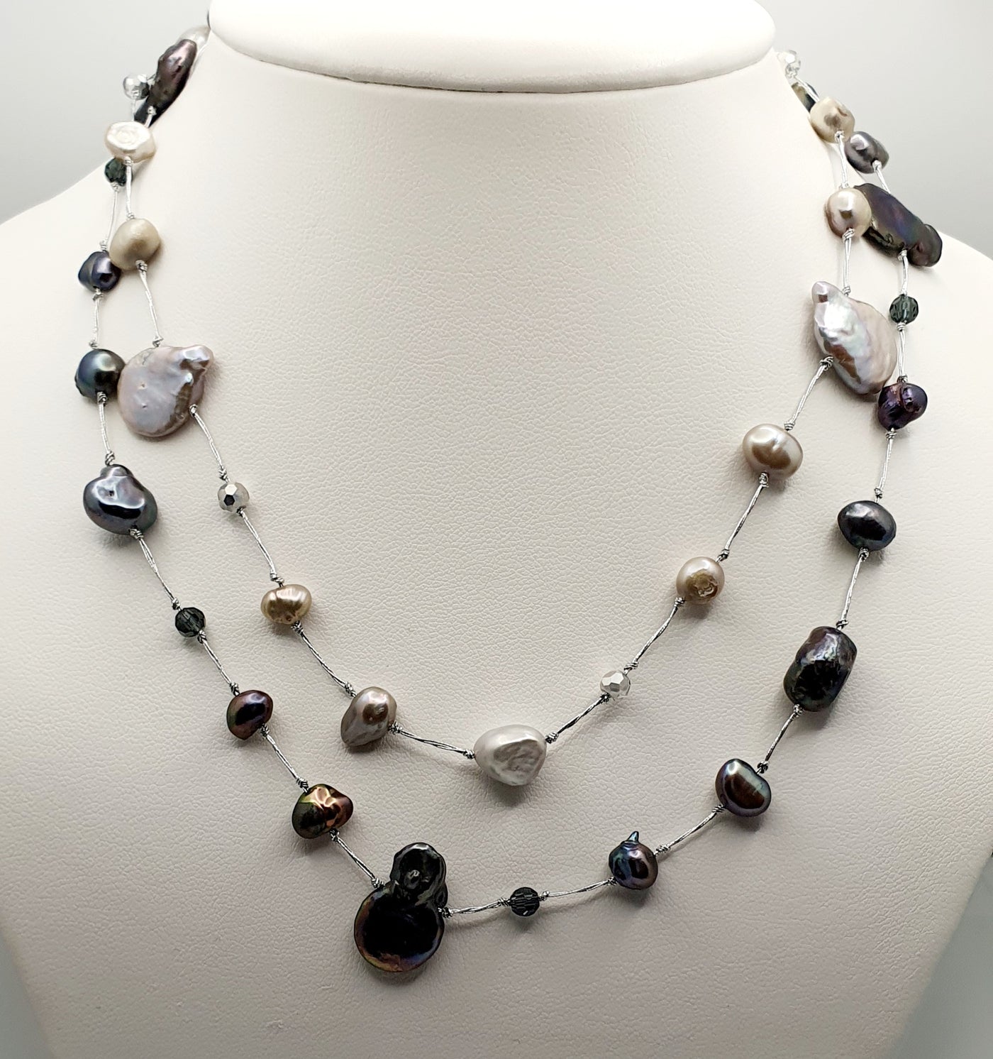 Zinc and Metallic Yarn Necklace with Crystals & Combination Dyed Freshwater Pearls 140cm