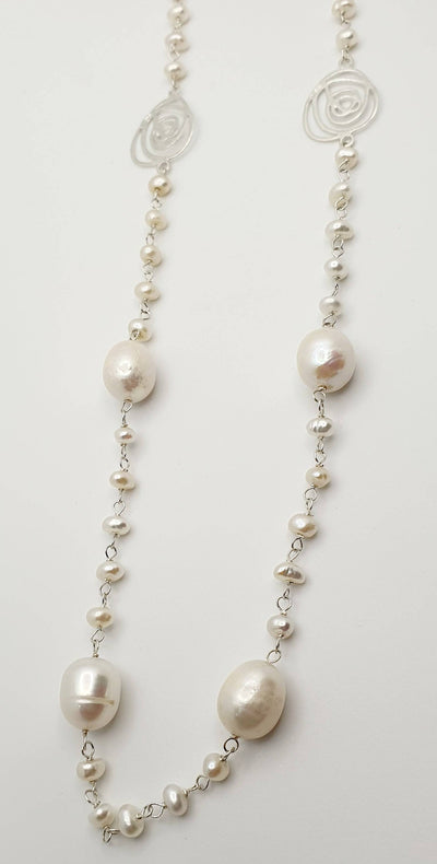 Sterling Silver Freshwater Pearl Necklace with Silver Rose Accents 80cm