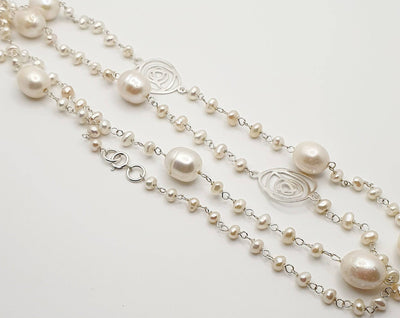 Sterling Silver Freshwater Pearl Necklace with Silver Rose Accents 80cm