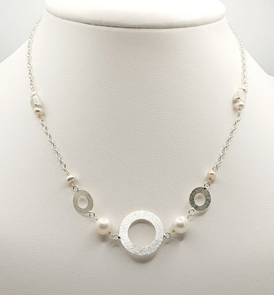 Sterling Silver Freshwater Pearl Necklace with Silver Square and Circle Matte Accents, 85cm