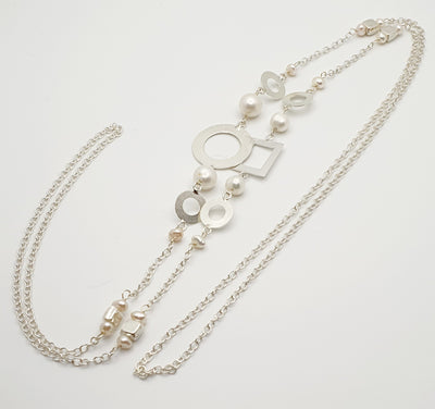 Sterling Silver Freshwater Pearl Necklace with Silver Square and Circle Matte Accents, 85cm