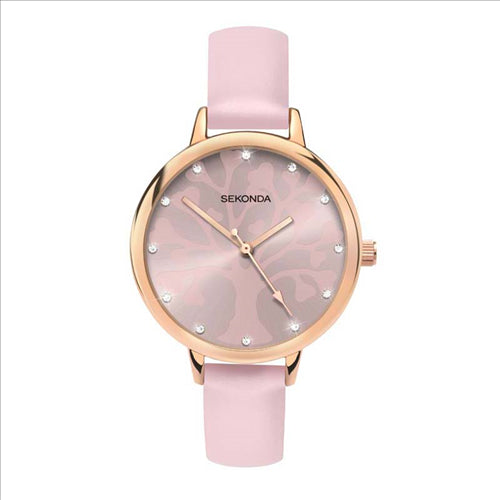 Sekonda Ladies Quartz Analogue Rose Gold Ip Plated, Pink Leather Strap Watch