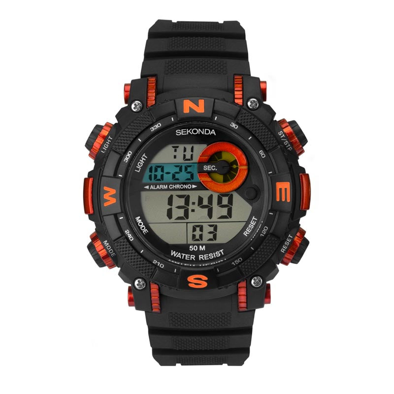 Sekonda Mens Watch Sk1527 Black Orange Case Digital 50Mtr