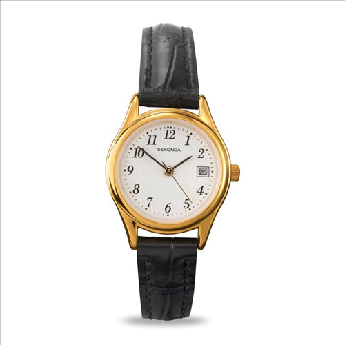 Ladies Analogue White Face Ip Gold Plated Case Watch Black Leather Strap