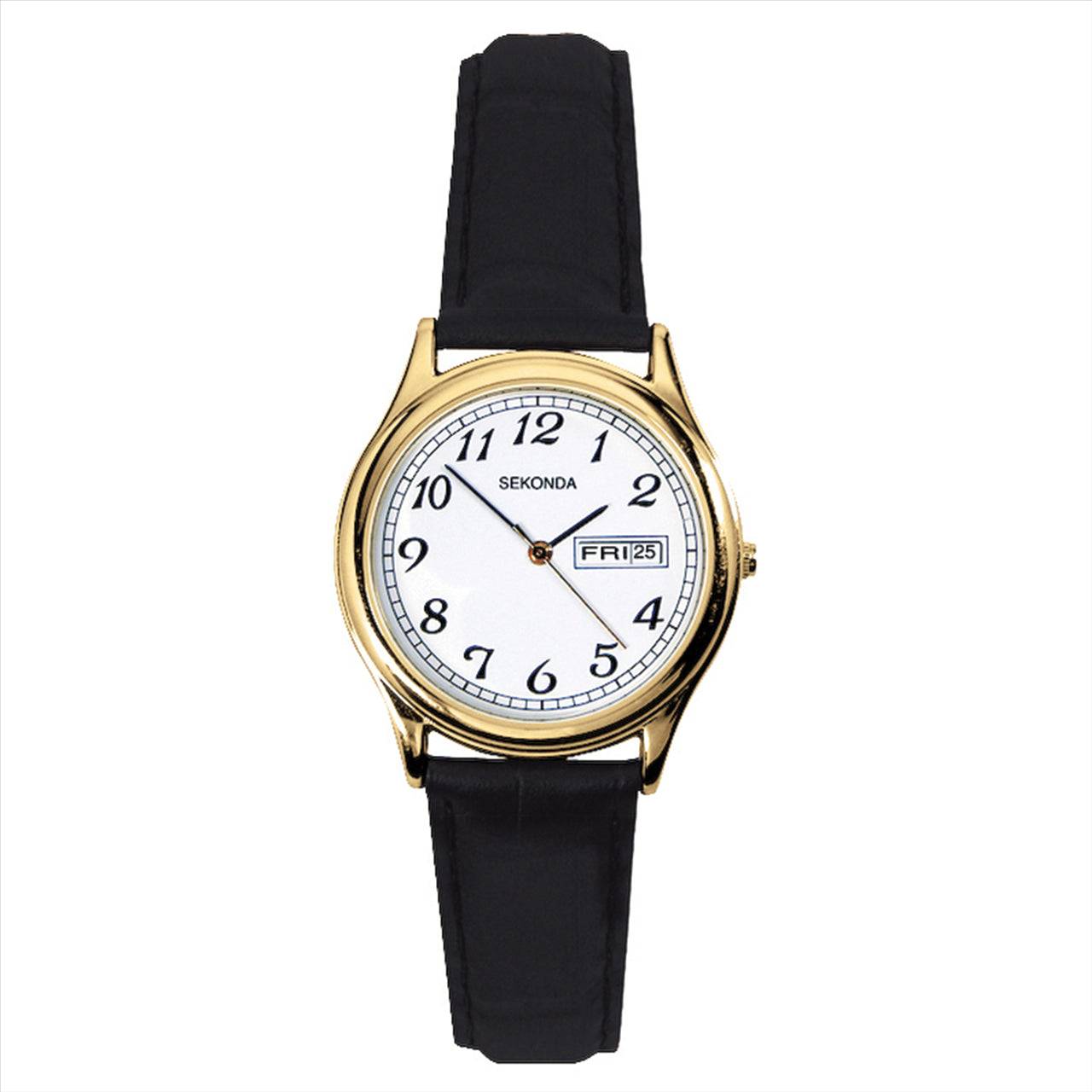 Sekonda Ladies Gold Plated Black Leather Strap Watch