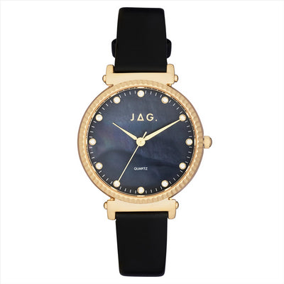 Jag Ladies Watch Victoria Black Dial Gold IP Plated Case 34Mm Black Leather Strap