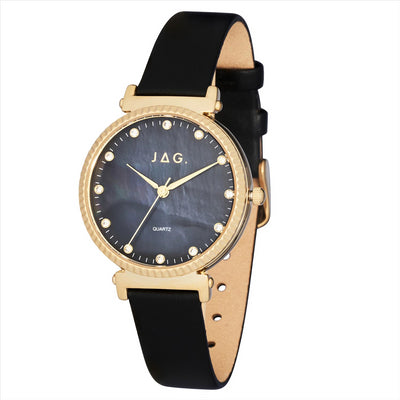 Jag Ladies Watch Victoria Black Dial Gold IP Plated Case 34Mm Black Leather Strap