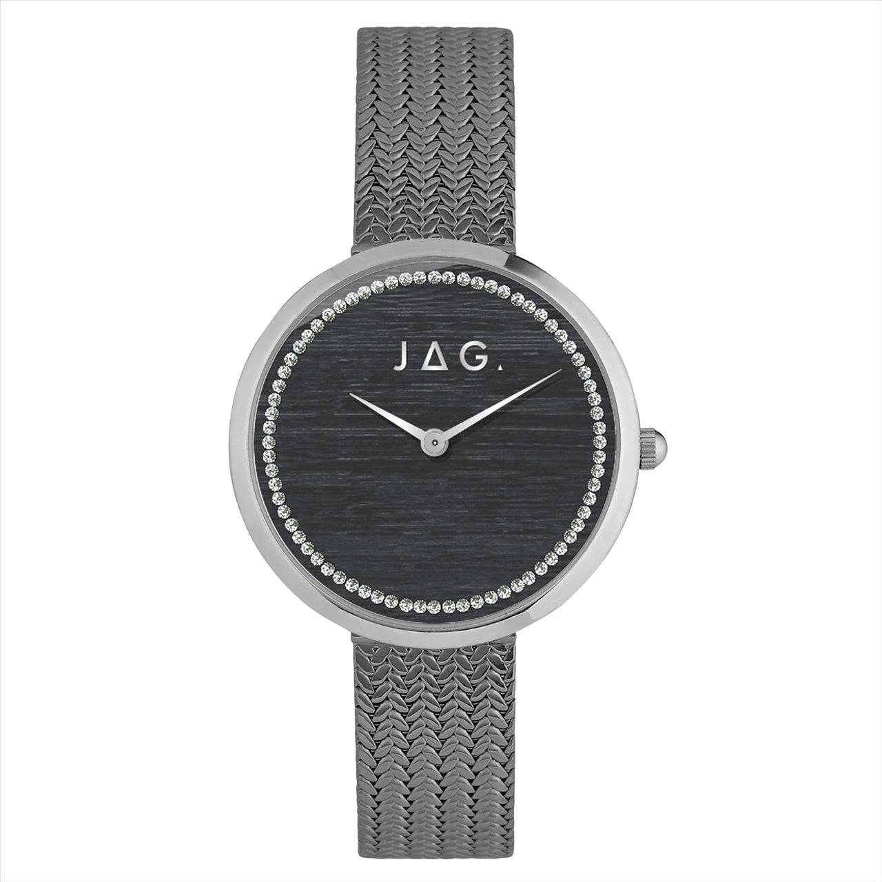 Ladies Jag Watch Stainless Steel 34mm Case & Black Dial & Gun Metral Grey Mesh Bracelet