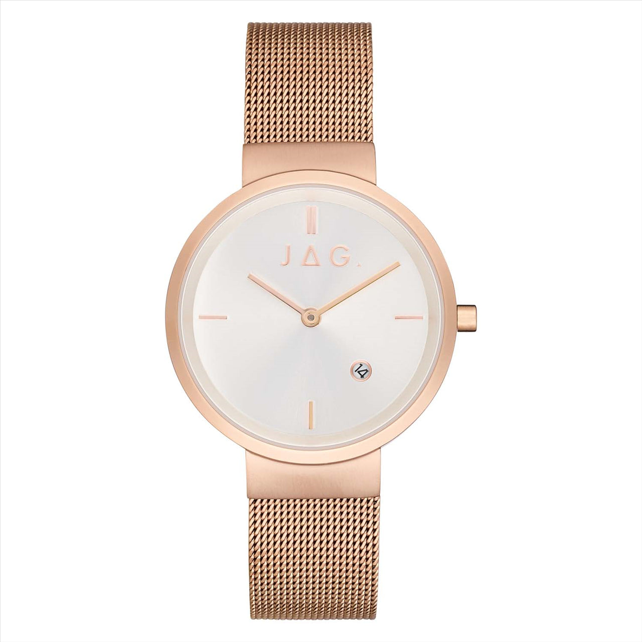 Ladies Jag Watch IP Plated Rose Gold Stainless Steel 31mm Case & White Dial & Mesh Bracelet