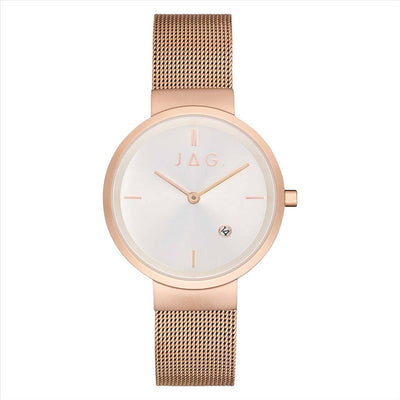 Ladies Jag Watch IP Plated Rose Gold Stainless Steel 31mm Case & White Dial & Mesh Bracelet