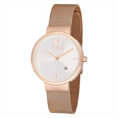 Ladies Jag Watch IP Plated Rose Gold Stainless Steel 31mm Case & White Dial & Mesh Bracelet