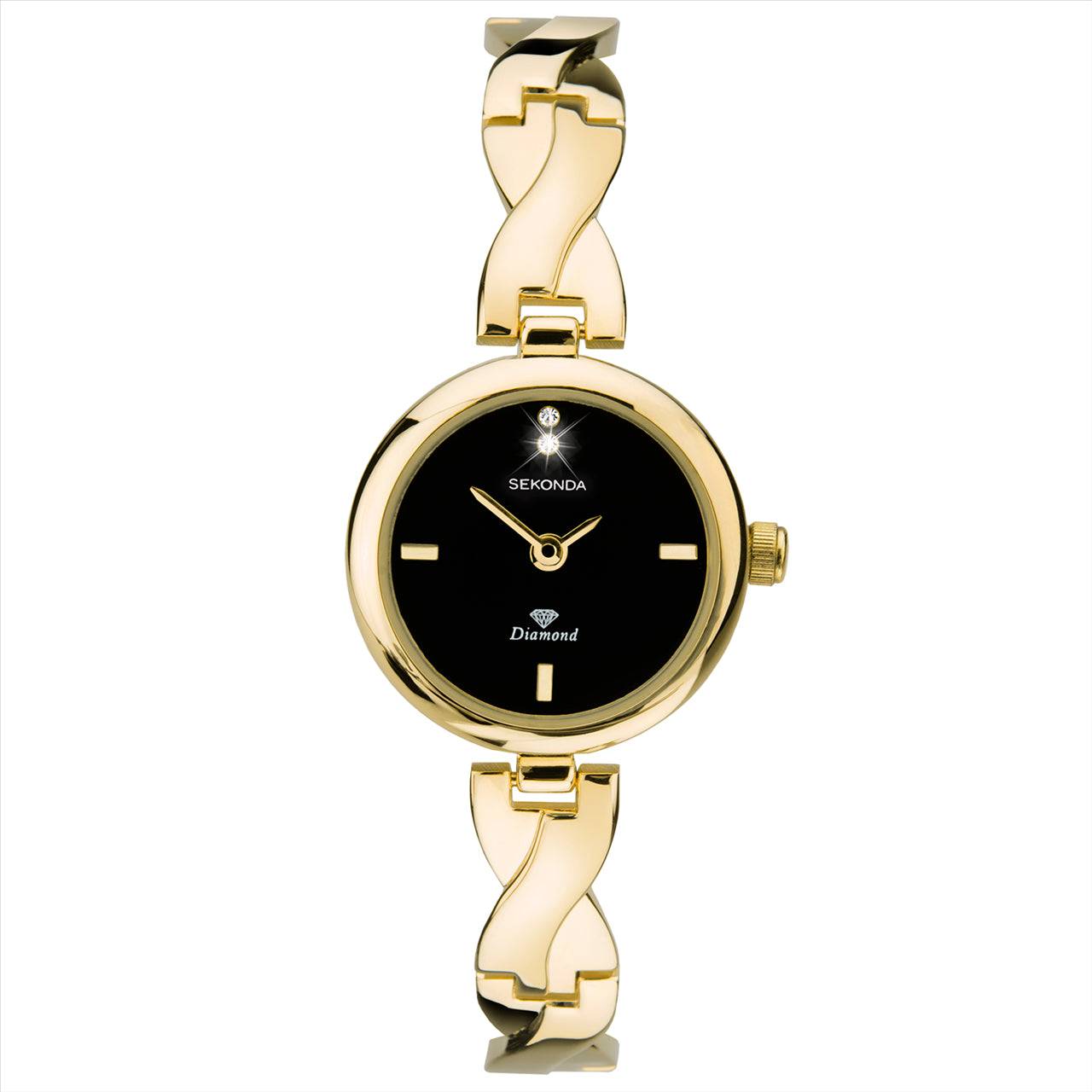 Gold Case, Black Dial Gold Bangle Bracelet Ladies Watch