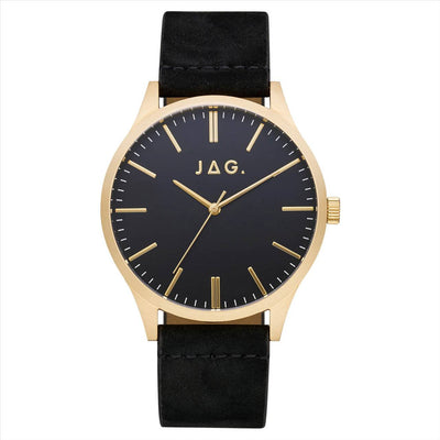 Jag Mens Watch Black Dial IP gold Case 36Mm Black Leather Strap