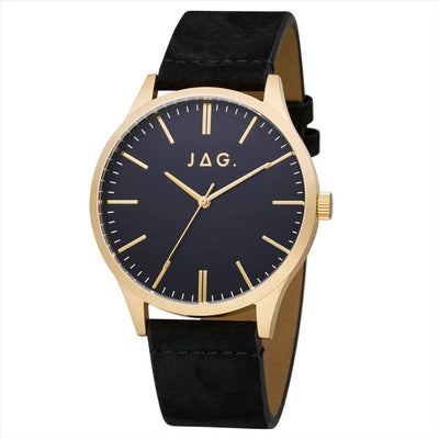 Jag Mens Watch Black Dial IP gold Case 36Mm Black Leather Strap