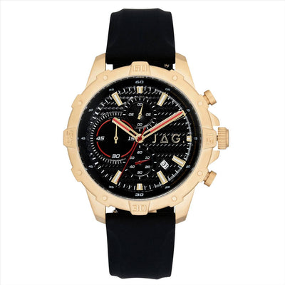 Jag Mens Sports Watch Bathurst Black Dial IP Gold Plated 46Mm Case & Black Leather Strap