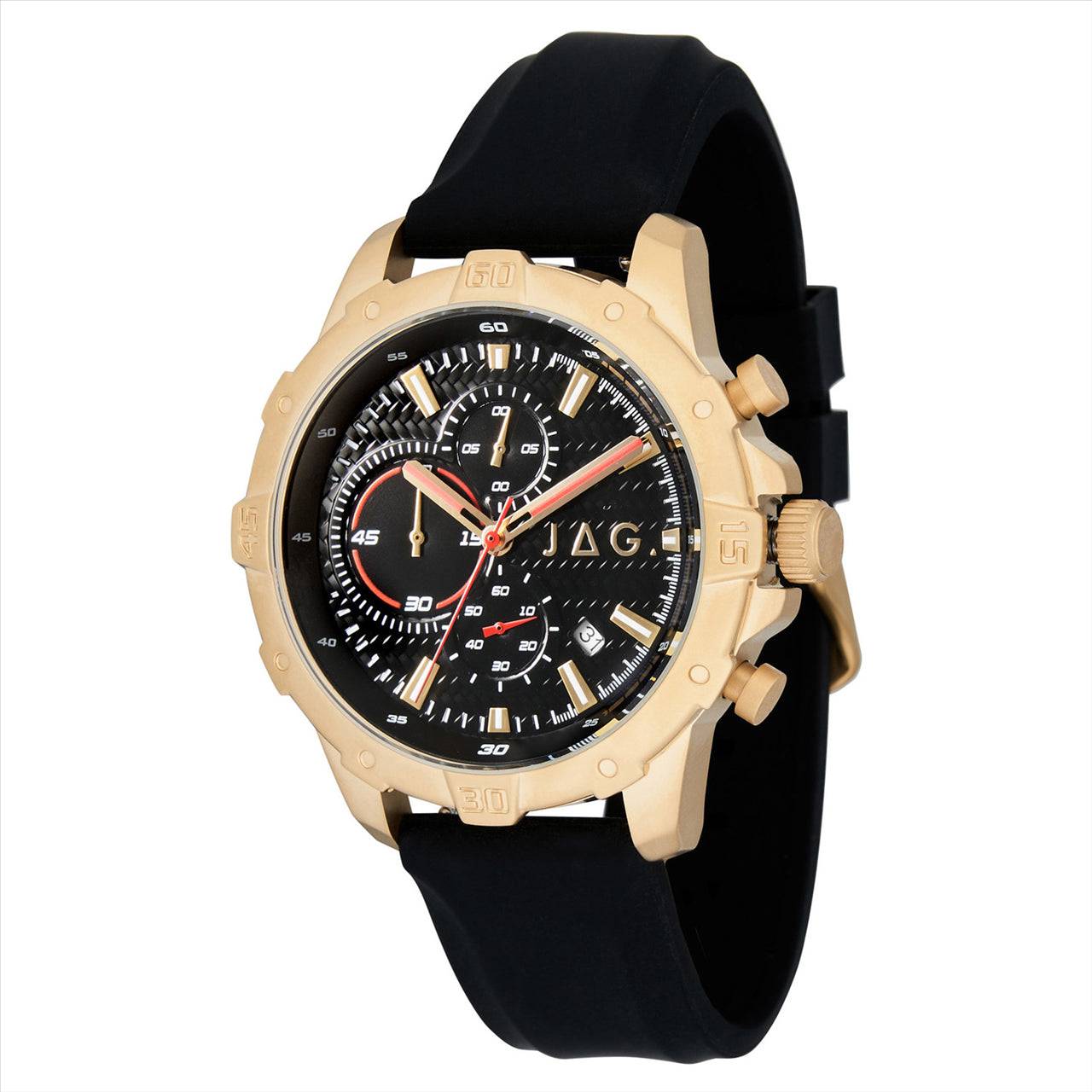 Jag Mens Sports Watch Bathurst Black Dial IP Gold Plated 46Mm Case & Black Leather Strap