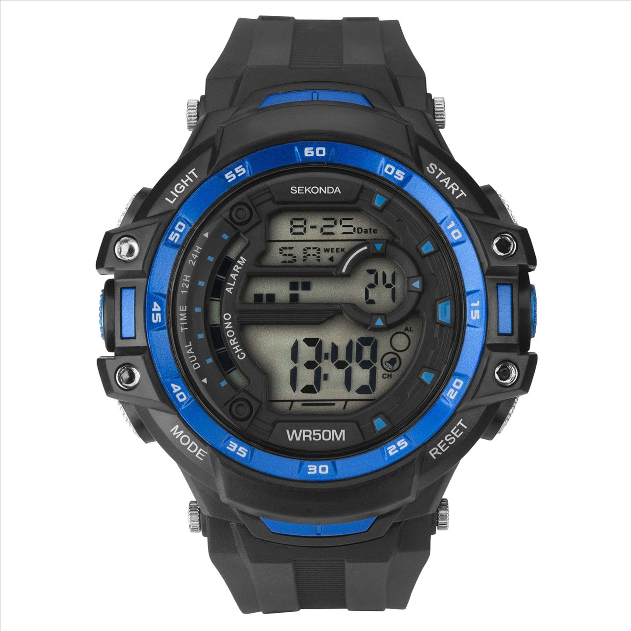 Sekonda Mens Digital Sport Watch Black/Blue Case Black Watchband 50M ATM resistant