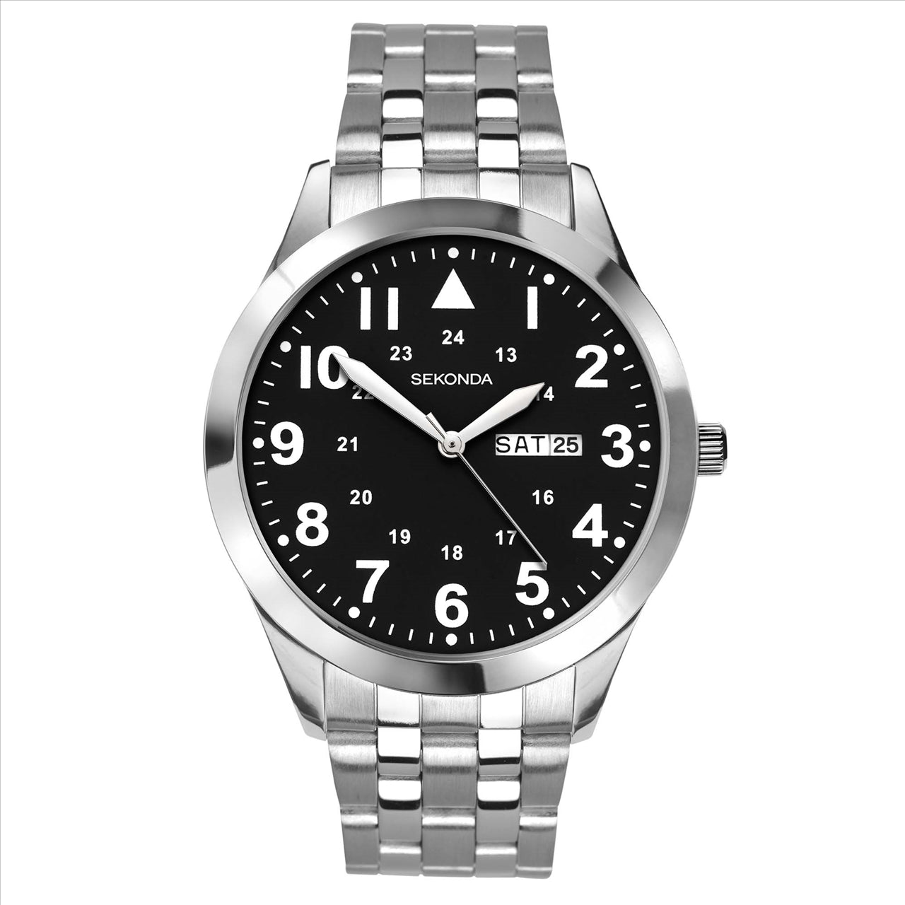 Sekona Mens watch Silver Case Black Dial Silver Bracelet Strap