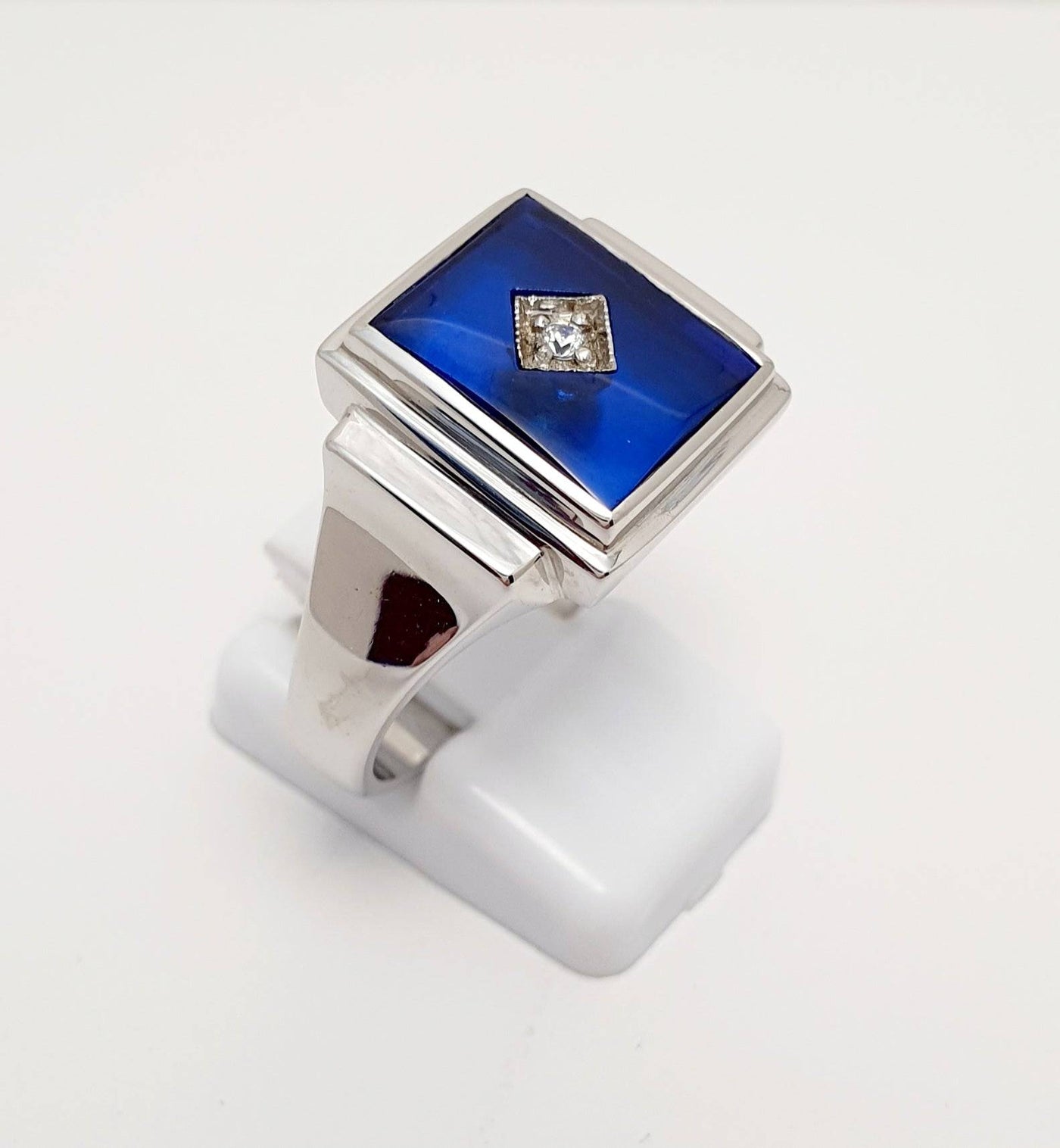 Sterling Silver Gents Ring With Created Sapphire And Cubic Zirconia. Rhodium Finish