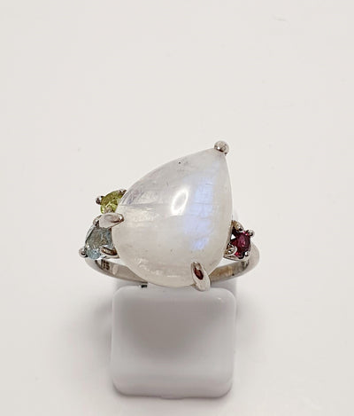 Sterling Silver Ring With Moonstone, Peridot, Blue Topaz, And Garnet