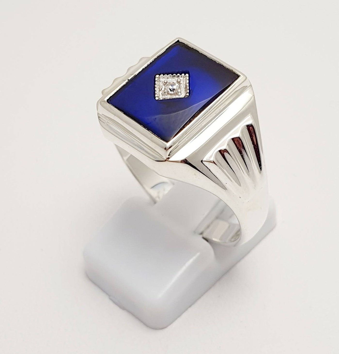 Sterling Silver Gents Ring With Created Sapphire And Cubic Zirconia. Rhodium Finish